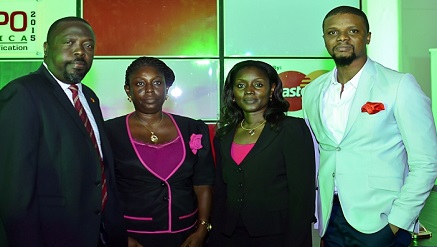 L-r: Kenny Teller, MasterCard, Mrs Onadeko, NIMC, Mrs Ejiofor, NIMC and Taiwo Adebayo MasterCard at the CBN Card Expo 2015 Awards Ceremony where the Nigerian National e-ID Card was awarded Best Financial Inclusion Product.  The pilot program, launched in 2014, was recognised for effectively expanding financial inclusion and advanced Nigeria’s cashless policy.